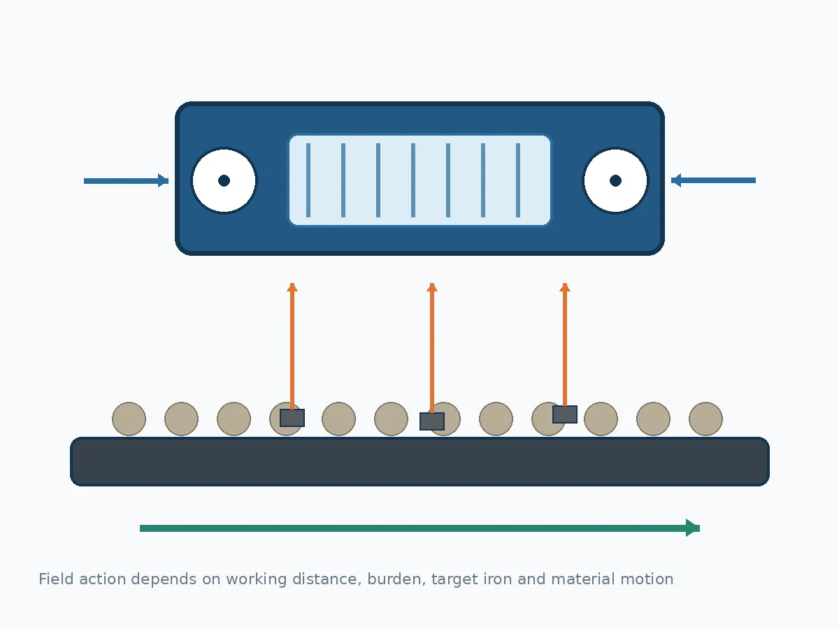 Diagrama técnico de un electroimán refrigerado por aire que extrae piezas ferrosas del material transportado por una banda