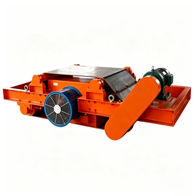 Air-cooled self-unloading electromagnetic separator showing belt drive, pulley guard and cooling fan