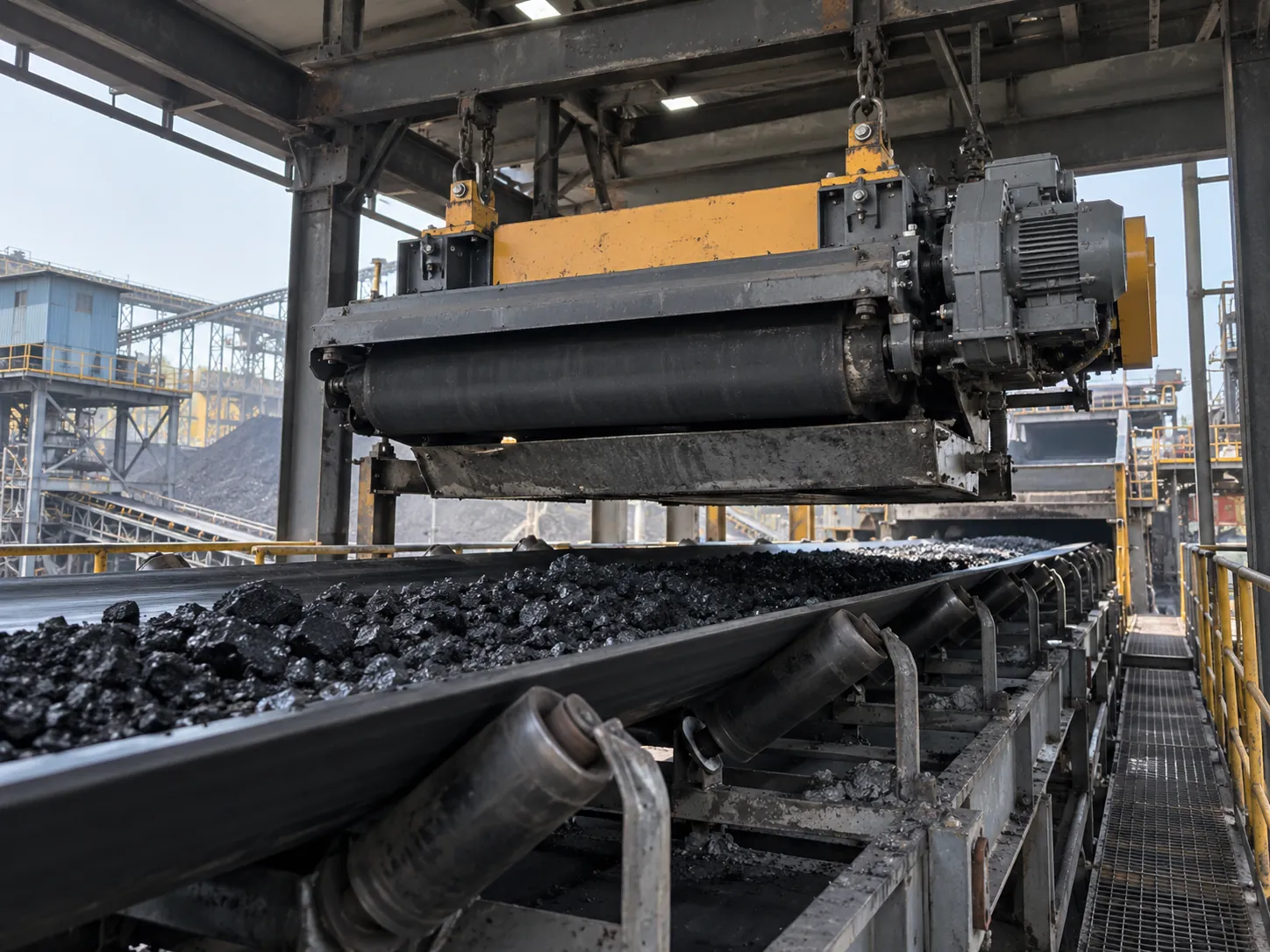 Conceptual coal conveyor with self-cleaning magnetic separator for tramp iron removal