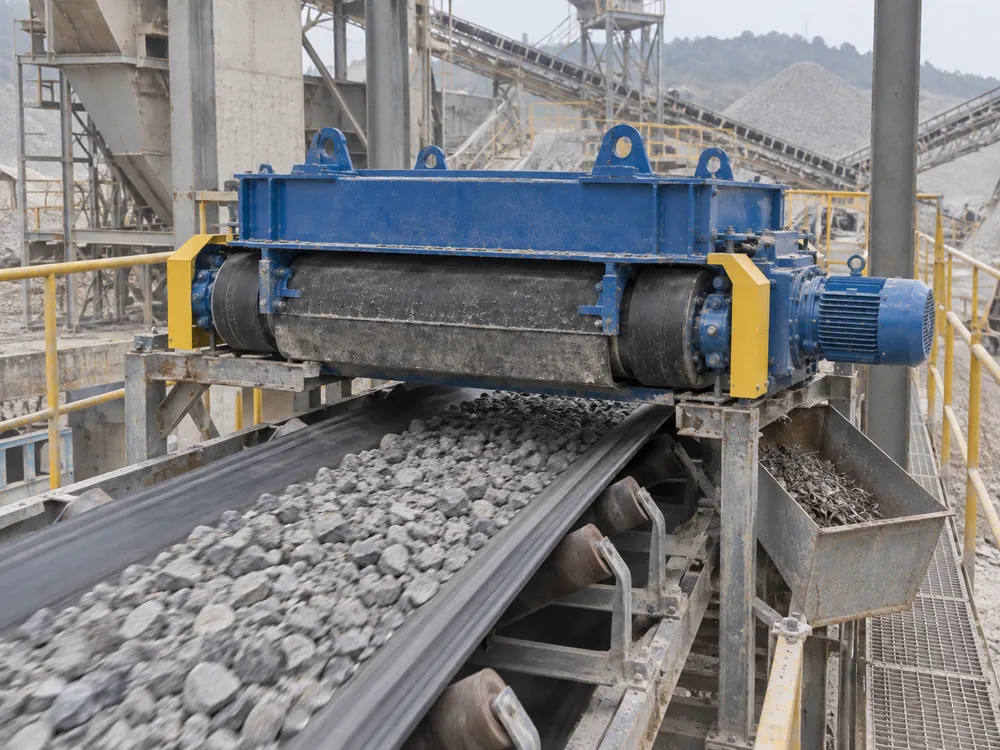 Crossbelt magnetic separator installed above a conveyor showing the working-distance relationship