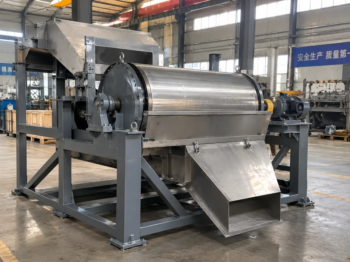 Magnetic drum separator photographed in an industrial factory workshop