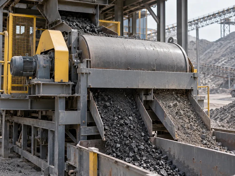 Conceptual dry magnetic drum separator handling crushed iron ore