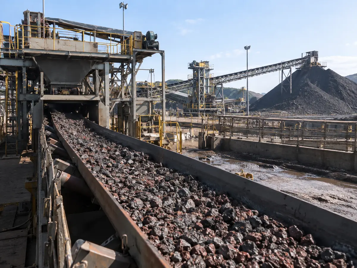Conceptual iron ore beneficiation plant with conveyors, processing structures and ore stockpiles