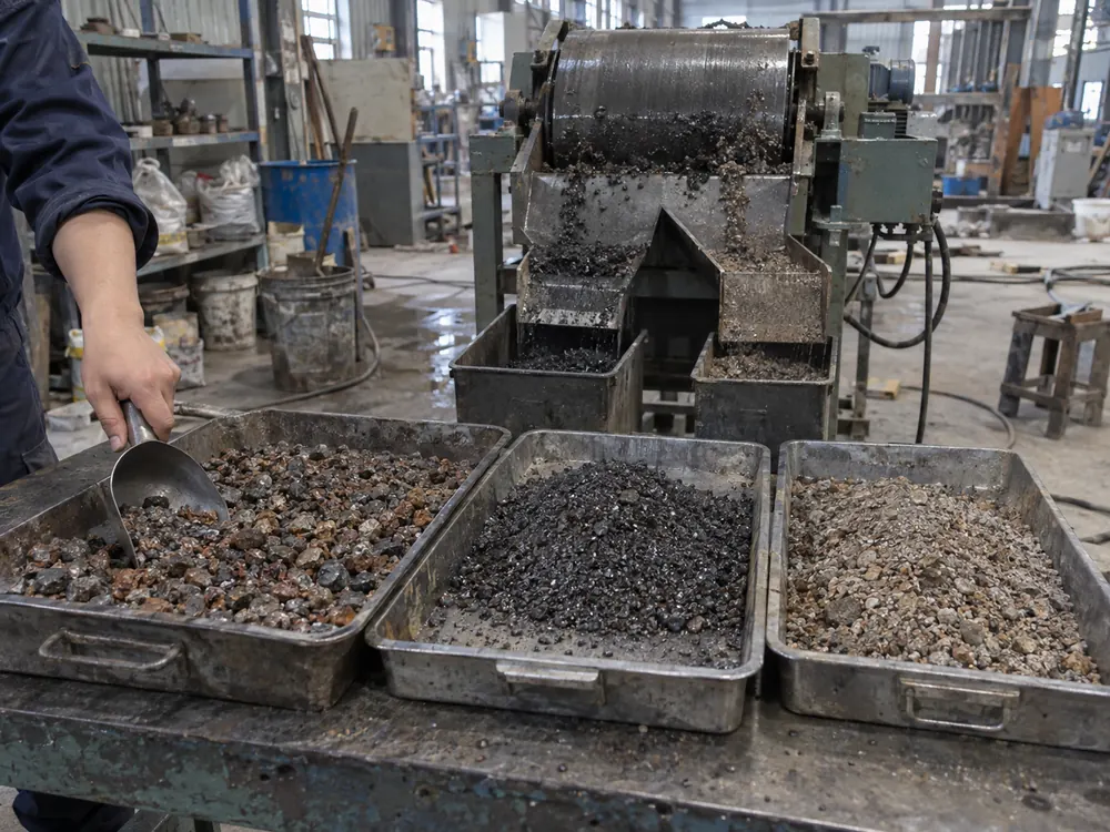 Conceptual iron ore sample testing with separated magnetic and non-magnetic material fractions