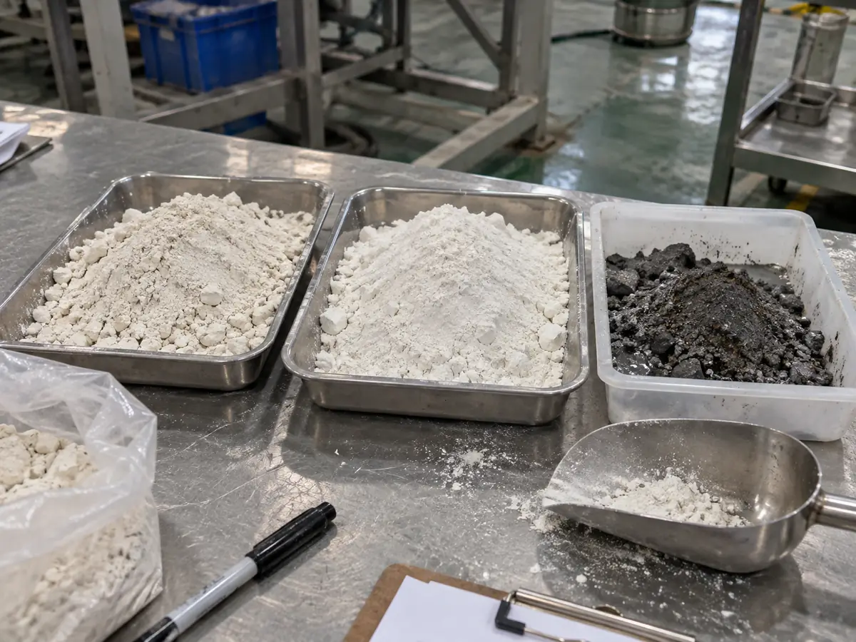Kaolin feed, purified product and dark magnetic fraction samples on an industrial test bench