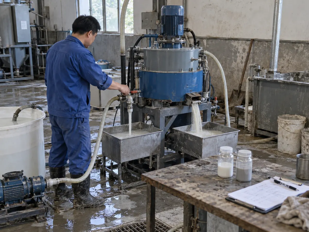 Chinese technician collecting kaolin slurry samples during magnetic separation testing