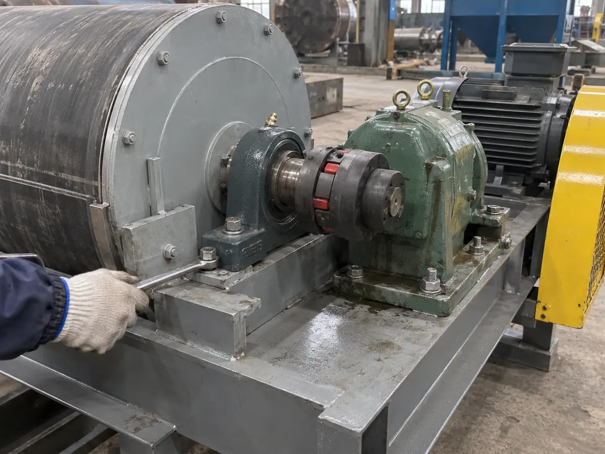 Close-up of magnetic drum bearing, coupling, gearbox and drive components