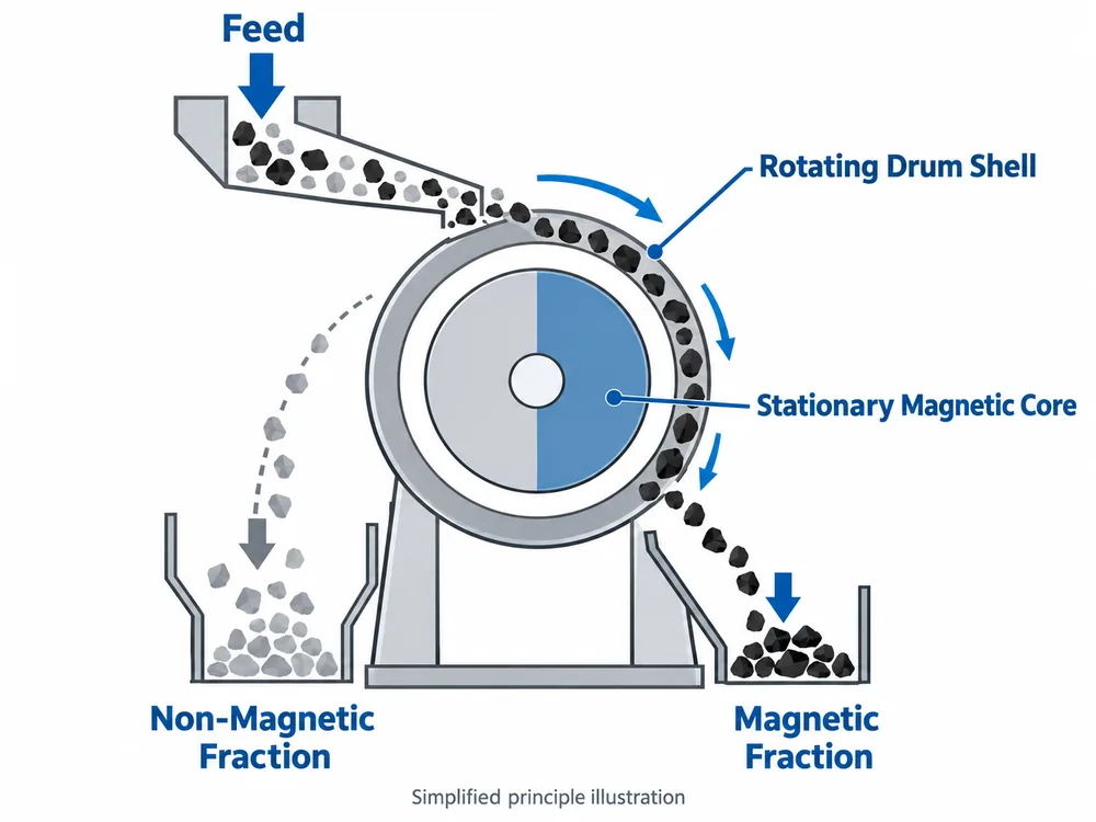 Simplified magnetic drum separation principle showing magnetic and non-magnetic fractions
