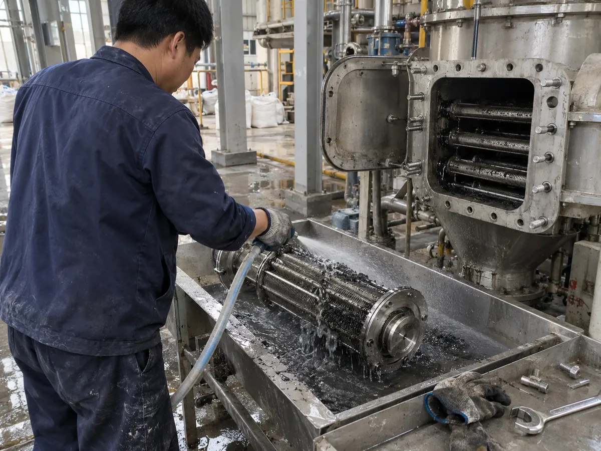 Chinese technician flushing a magnetic matrix during separator maintenance