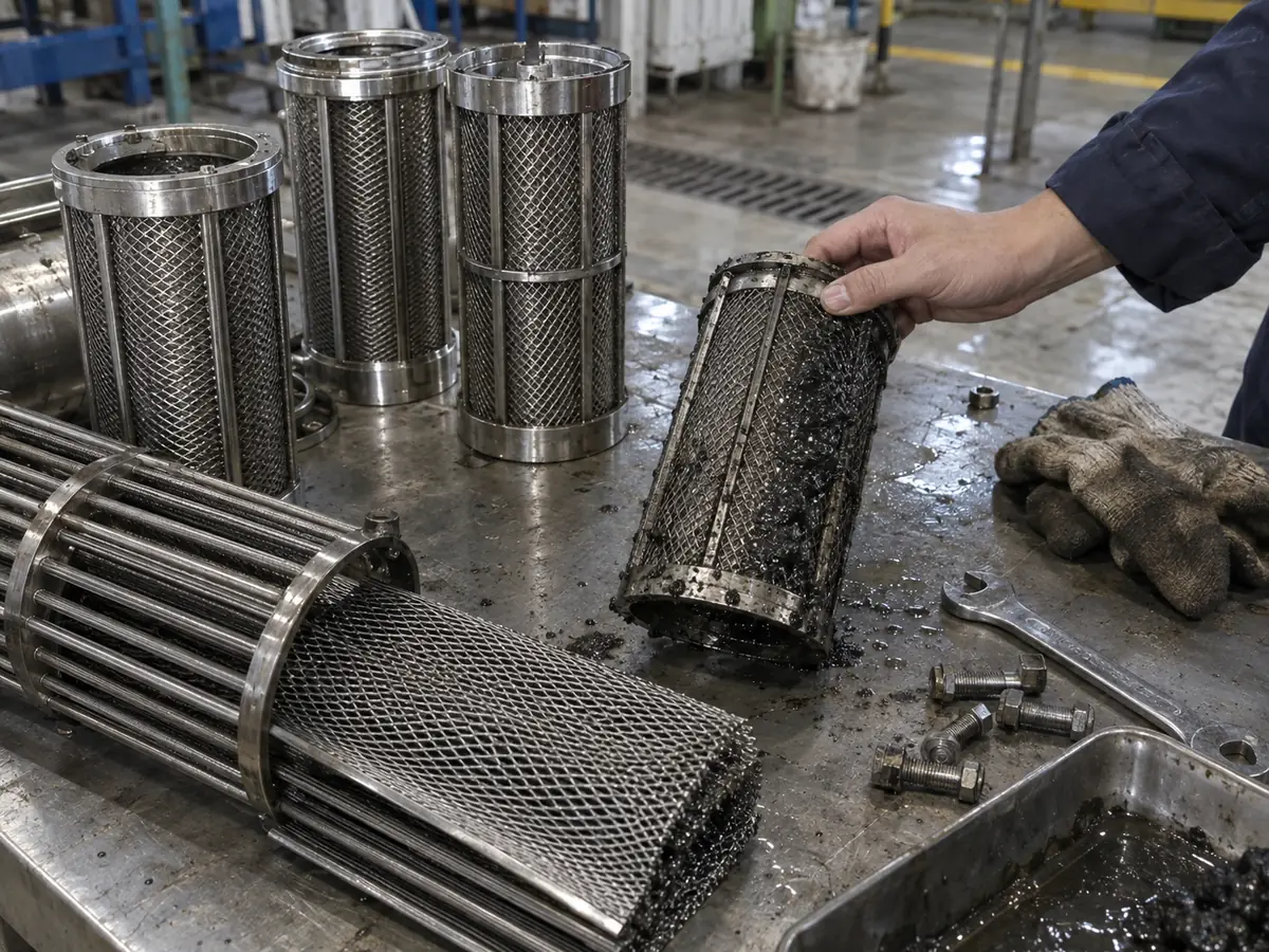 Magnetic matrix cartridges with captured iron-bearing material during workshop inspection