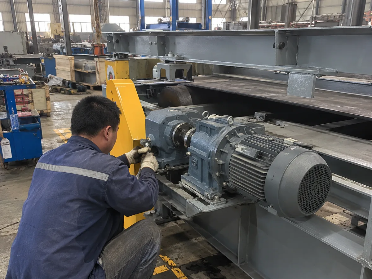 Technician inspecting a magnetic separator drive assembly in a factory workshop