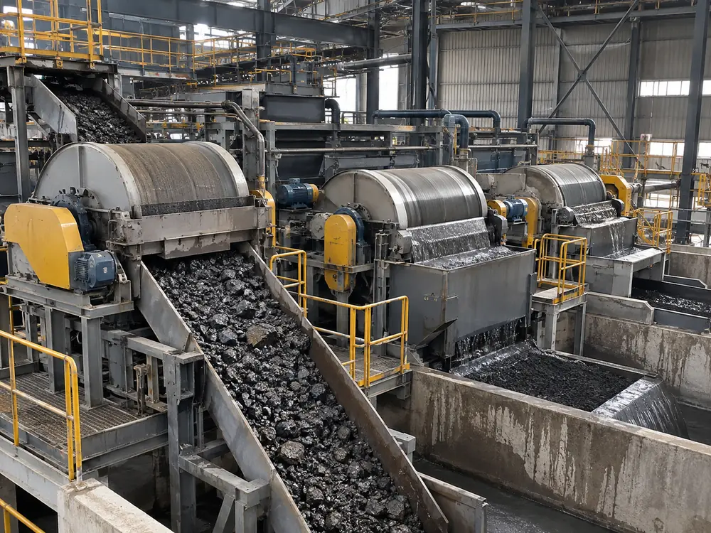 Conceptual multi-stage magnetic drum separation line for iron ore beneficiation