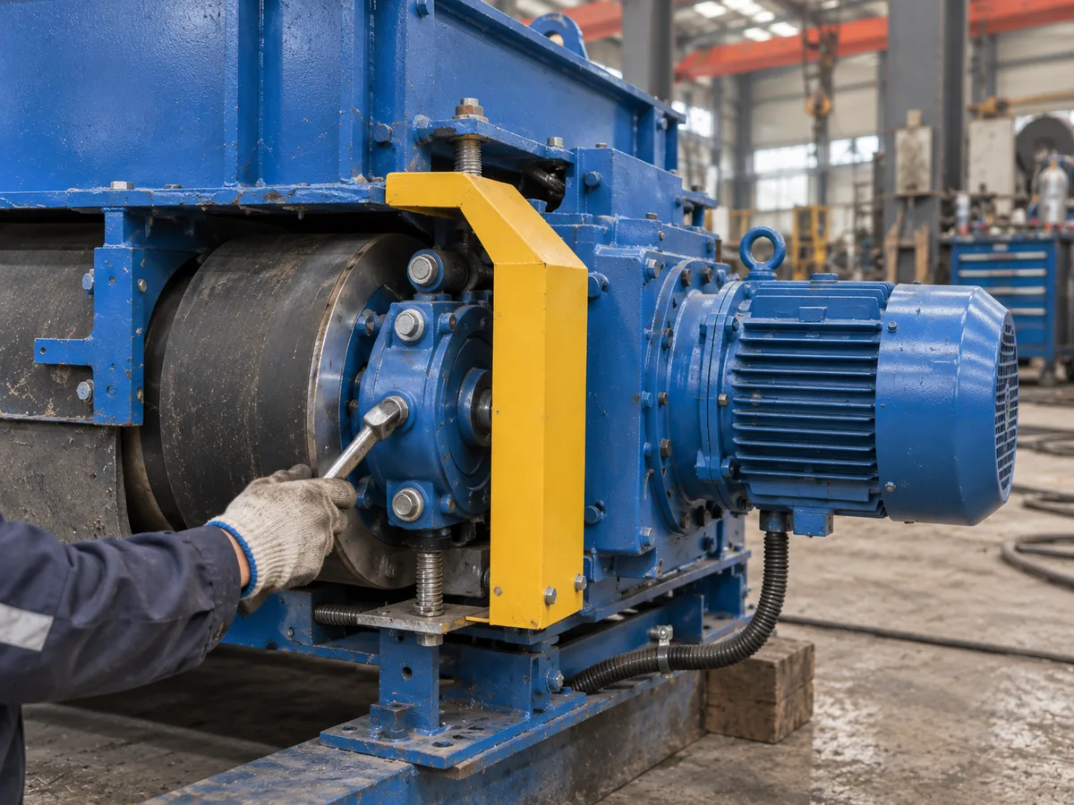Técnico inspeccionando el rodamiento del lado de accionamiento y el reductor de un separador overband