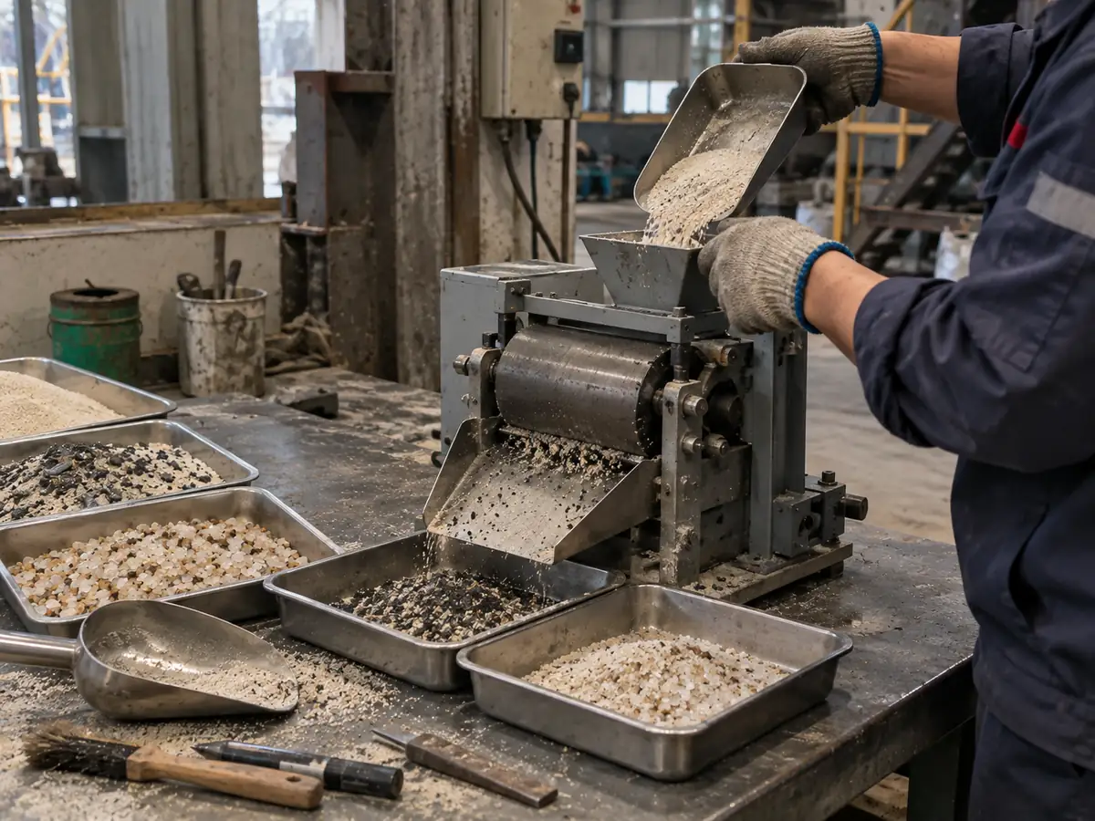 Technician feeding a mineral sample into a small magnetic separation test unit.