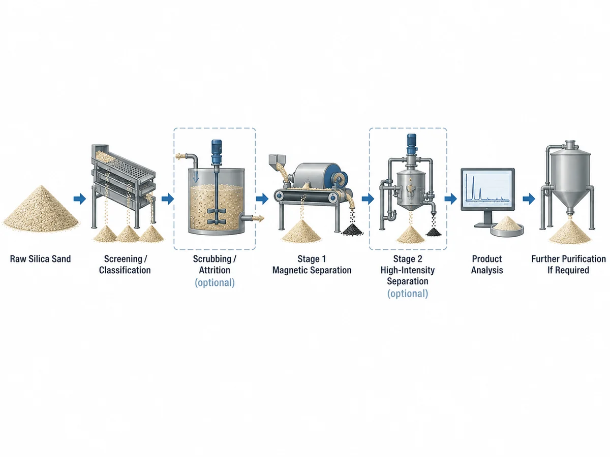 Typical silica sand purification flow including classification, scrubbing and magnetic separation