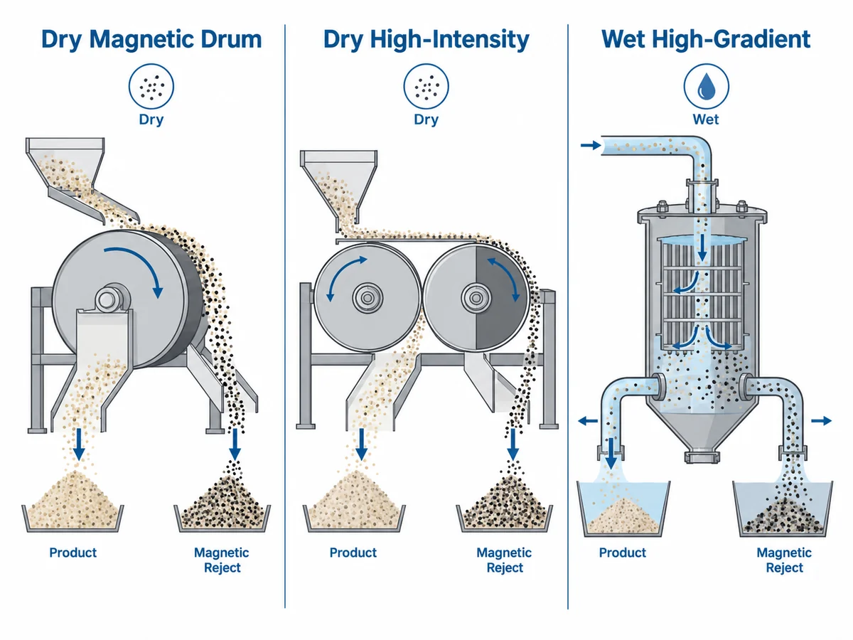 Technical comparison of dry drum, dry high-intensity and wet high-gradient magnetic separation routes