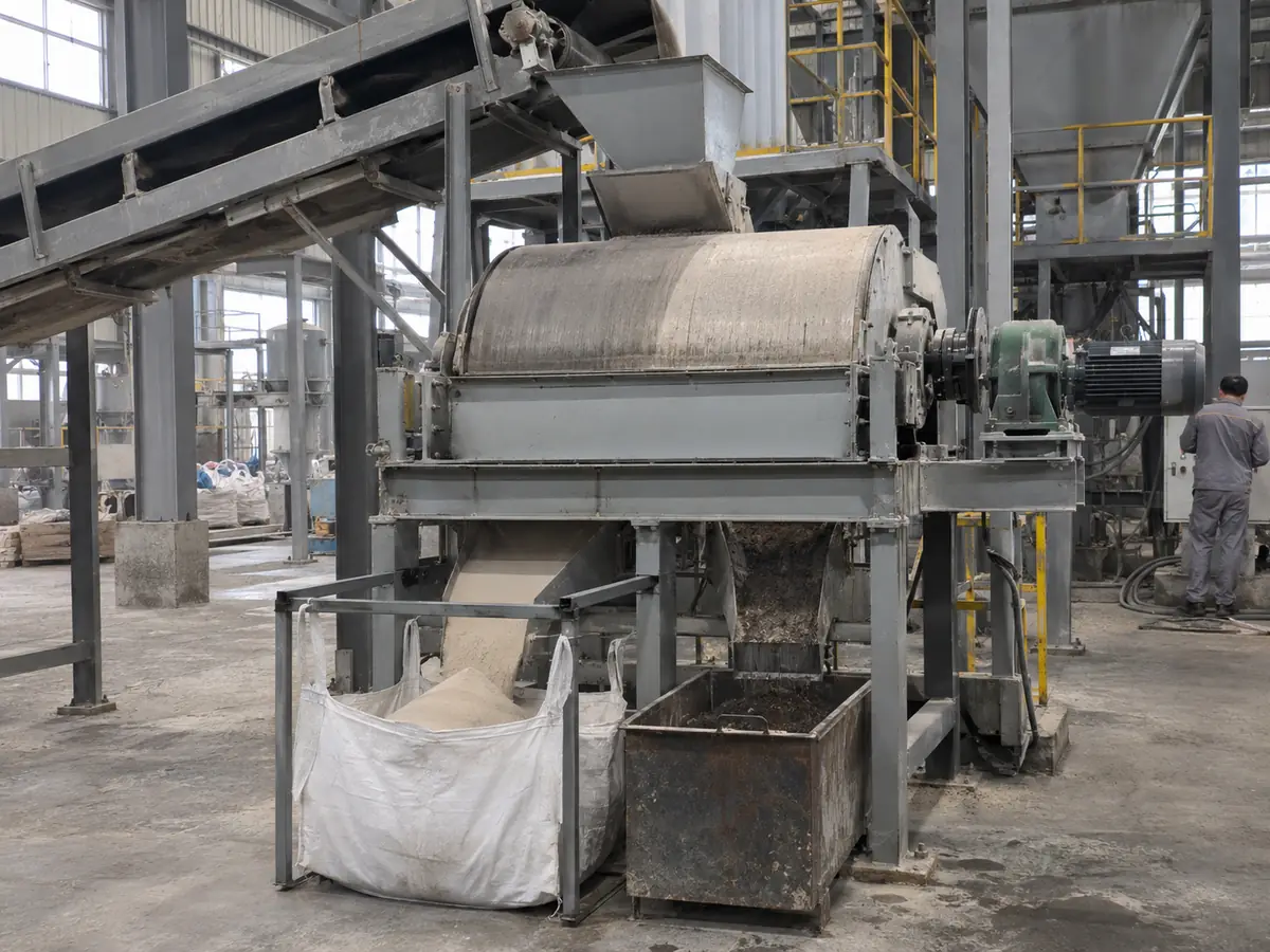 Magnetic drum separator integrated into a dry mineral processing line