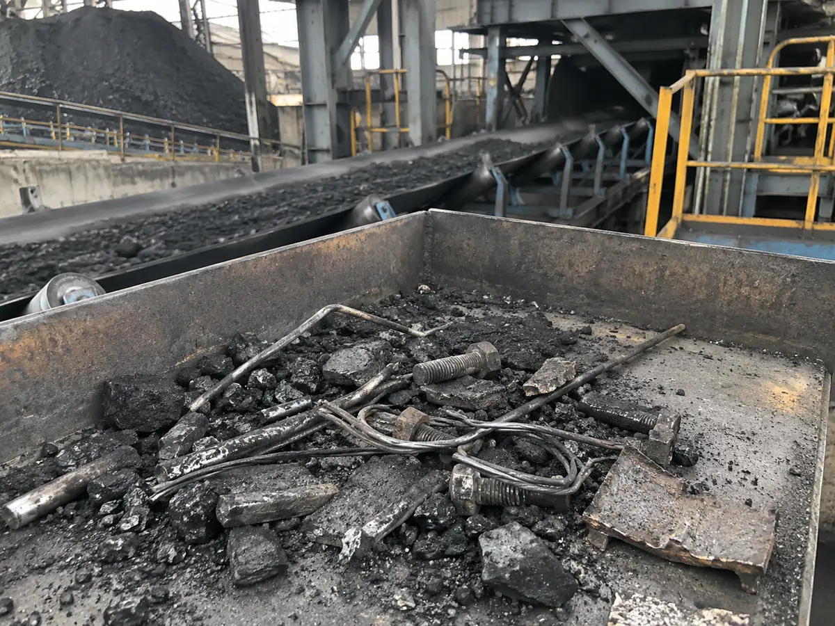 Typical ferrous tramp iron mixed with coal fragments after separation