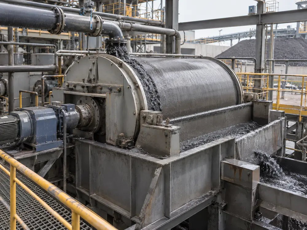Conceptual wet magnetic drum tank, drive and slurry handling arrangement