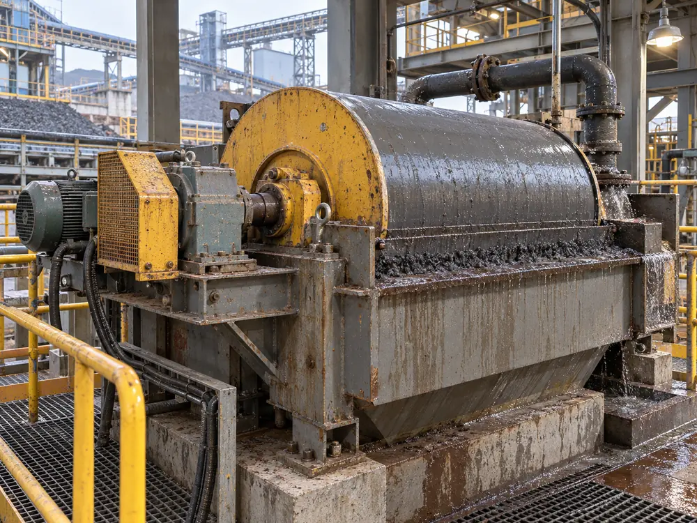Conceptual wet magnetic drum separator handling mineral slurry in an industrial plant