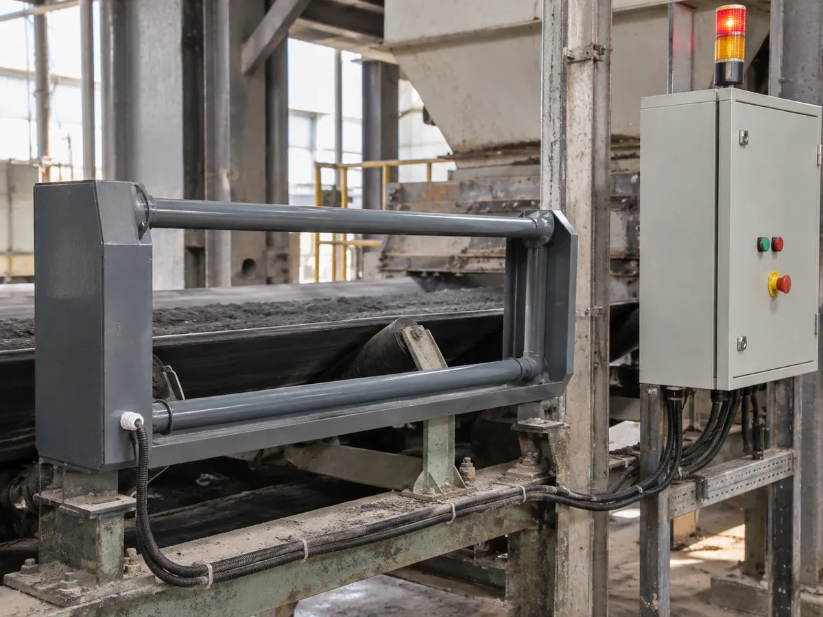 Representative conveyor metal detector installation beside an industrial control cabinet and alarm beacon