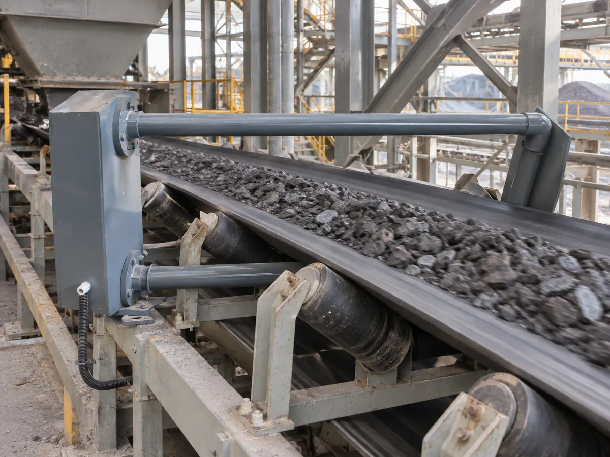 Representative industrial conveyor metal detector installed around a bulk-material belt conveyor in operation