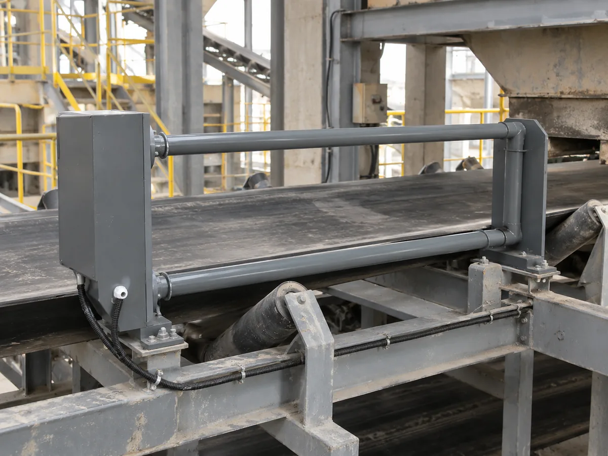 Representative conveyor metal detector installation showing the detector frame, belt supports and cable routing