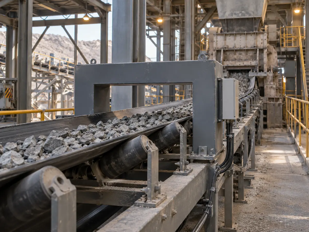 Detector de metales tipo marco instalado en un transportador de materiales a granel, aguas arriba de una trituradora