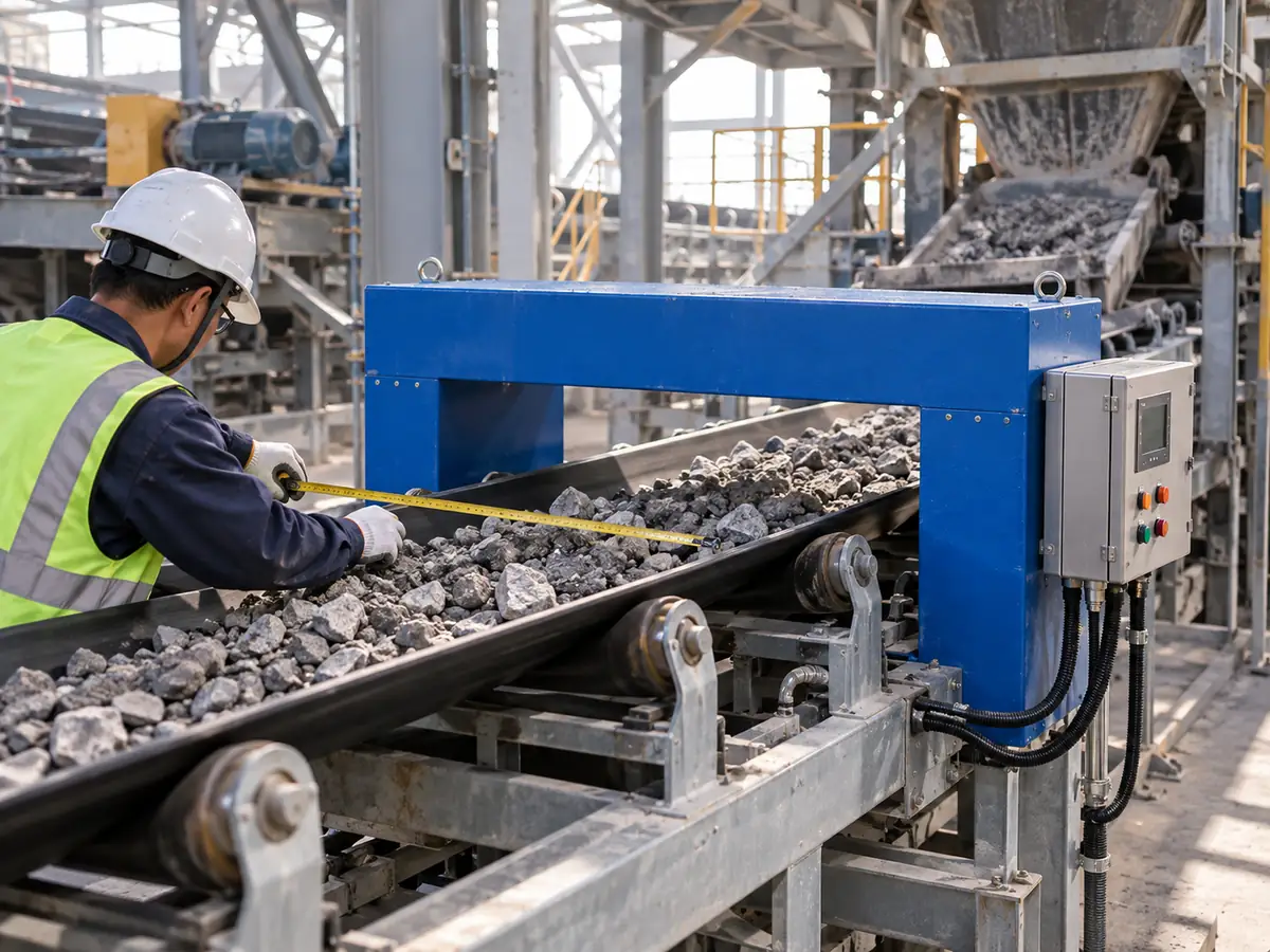 Fotografía de una revisión técnica para la selección del equipo que muestra un detector de metales GJT-F en un transportador de materiales a granel durante la revisión de la instalación