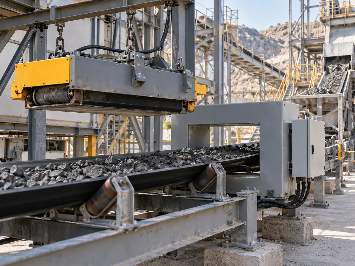 Representative conveyor line with a suspended magnetic separator upstream and LJT-E metal detector downstream