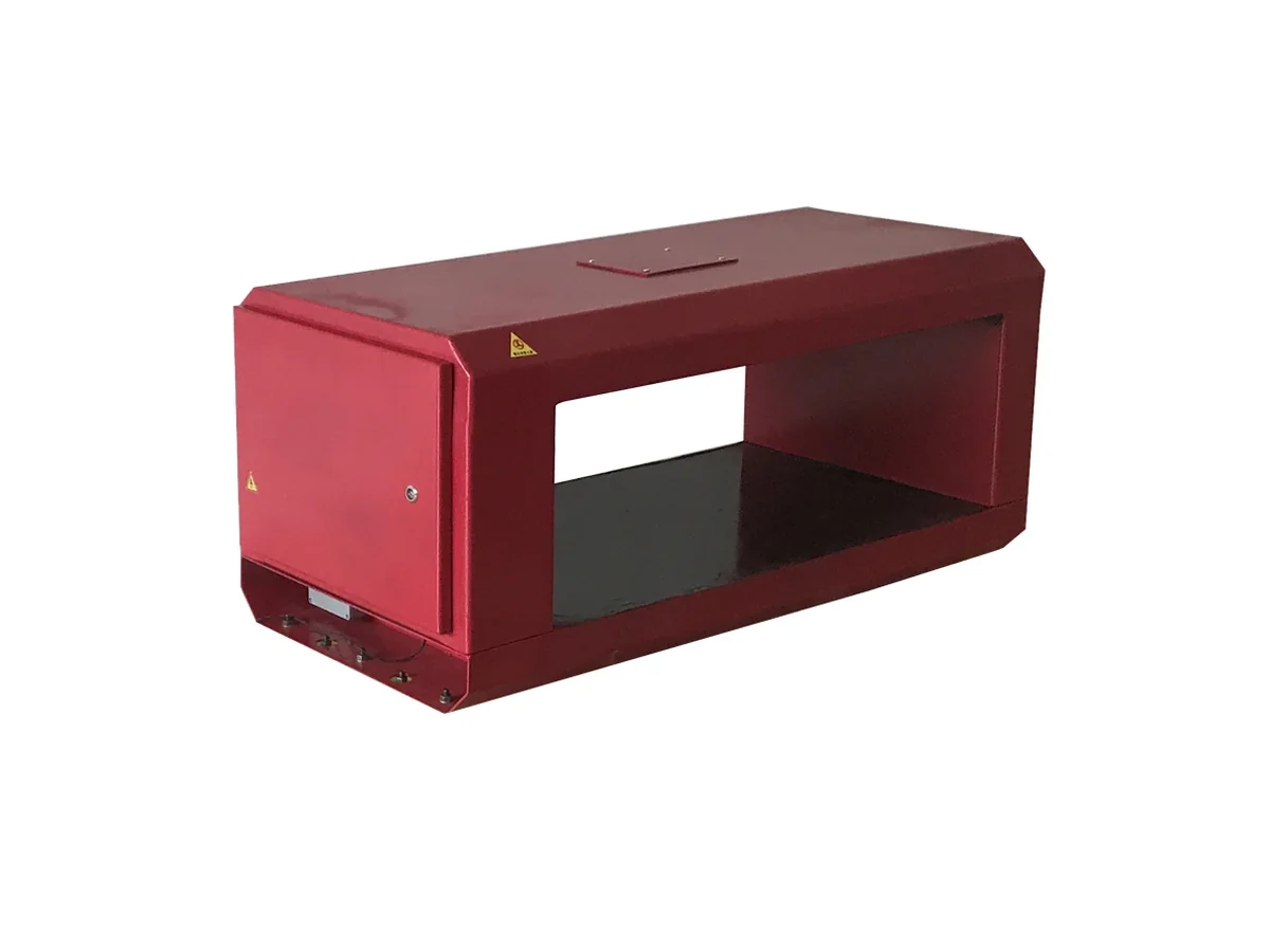 Side view of the LJT-E conveyor metal detector frame and control enclosure