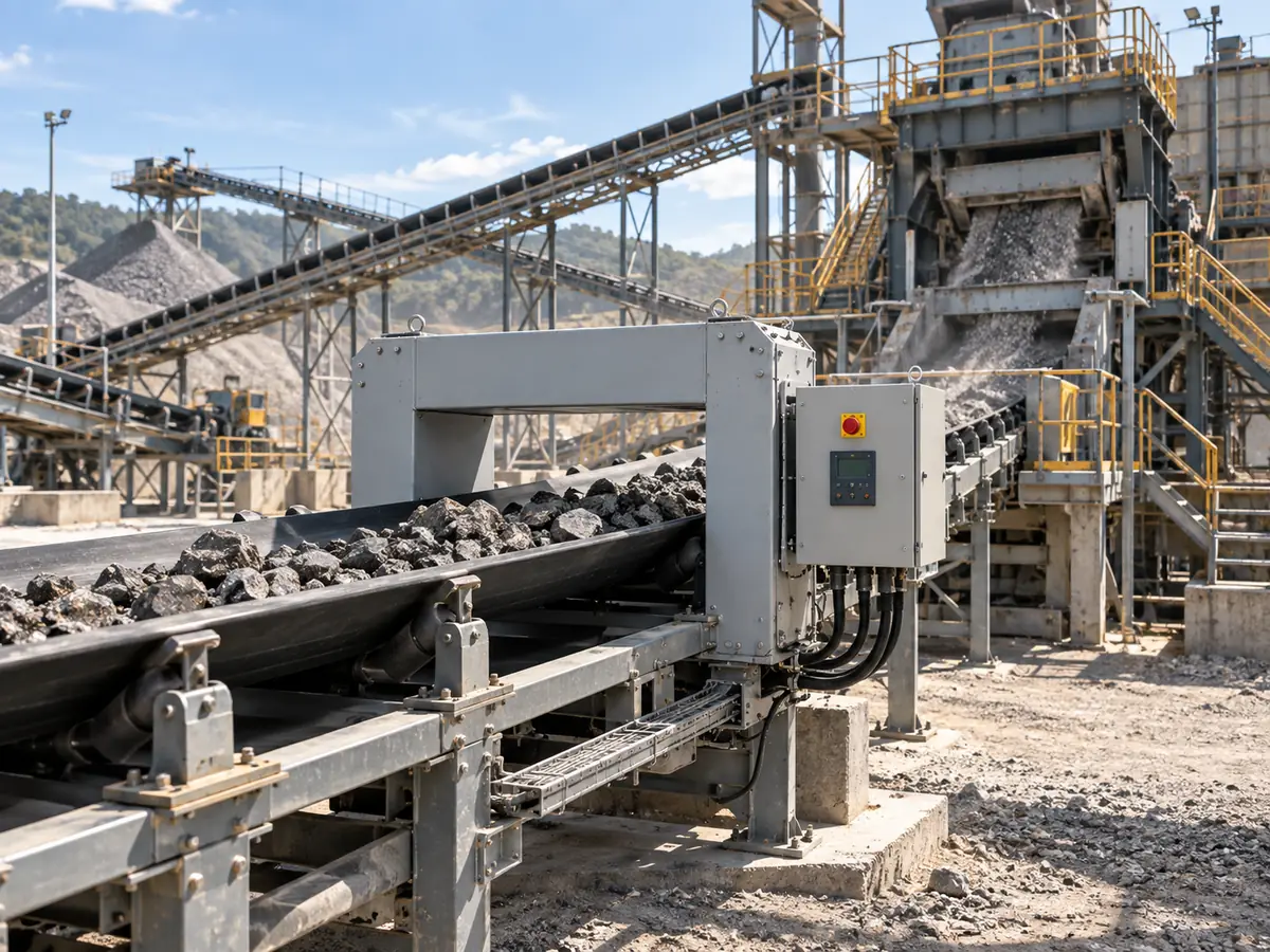 Representative LJT-E conveyor metal detector installation before downstream crushing equipment
