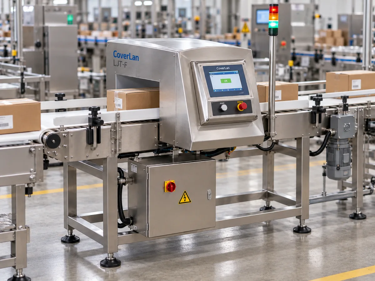 Coverlan LJT-F-Metalldetektor für Förderbänder, integriert in eine Verpackungsproduktionslinie