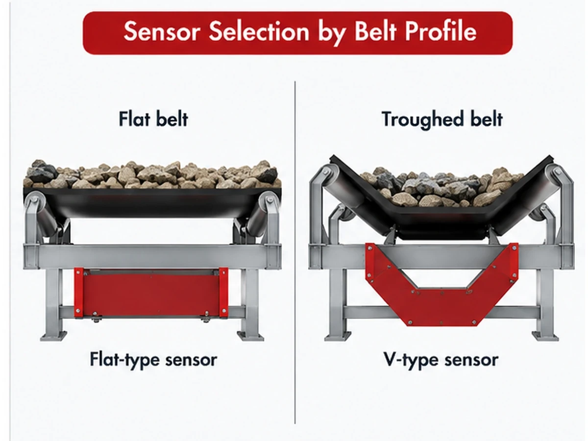 Educational comparison of flat-type and V-type underbelt metal detector sensor selection by conveyor belt profile