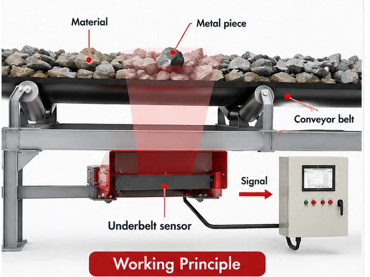 Educational diagram showing an underbelt conveyor metal detector sensor below the belt, a metal piece in the detection zone and a control signal
