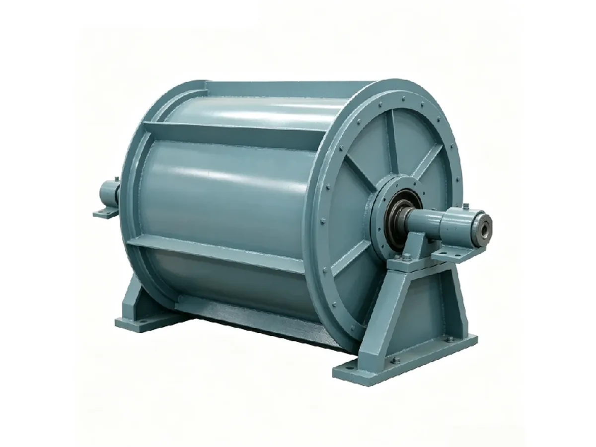 Supported magnetic drum configuration showing cylindrical shell, end frame, shaft and bearing support structures.