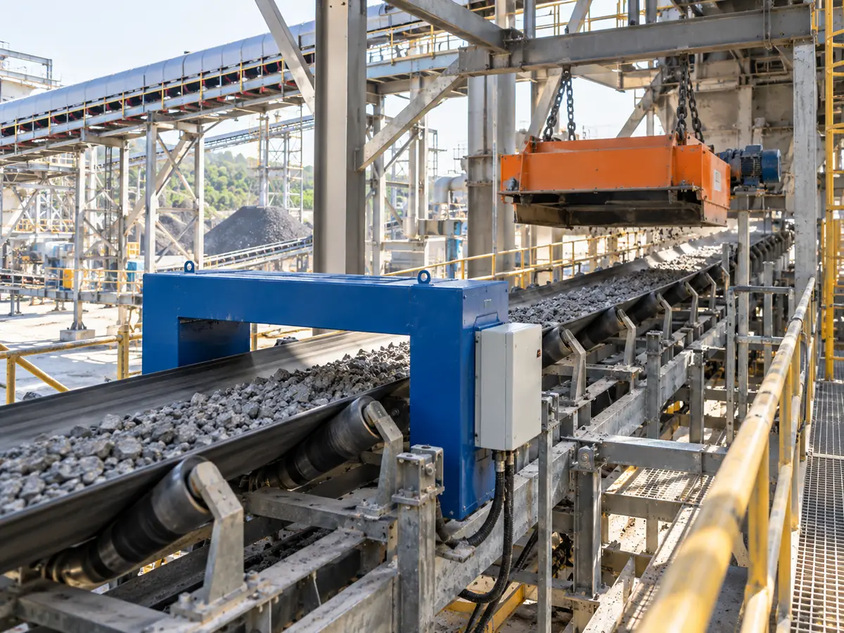 Detector de metales tipo marco y separador magnético suspendido instalados en distintos puntos de un transportador de materiales a granel