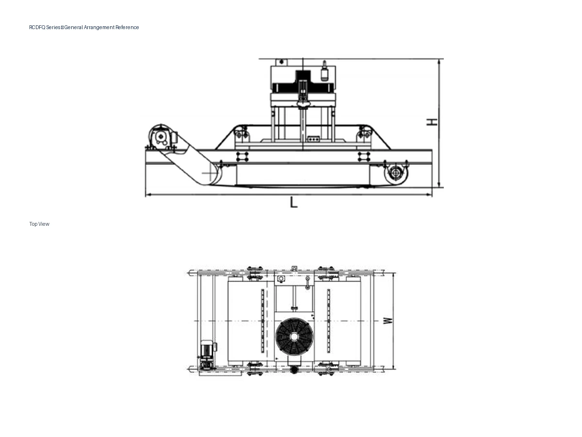 Plano de disposición general de referencia de la serie RCDFQ con vistas lateral y superior y dimensiones L, W y H