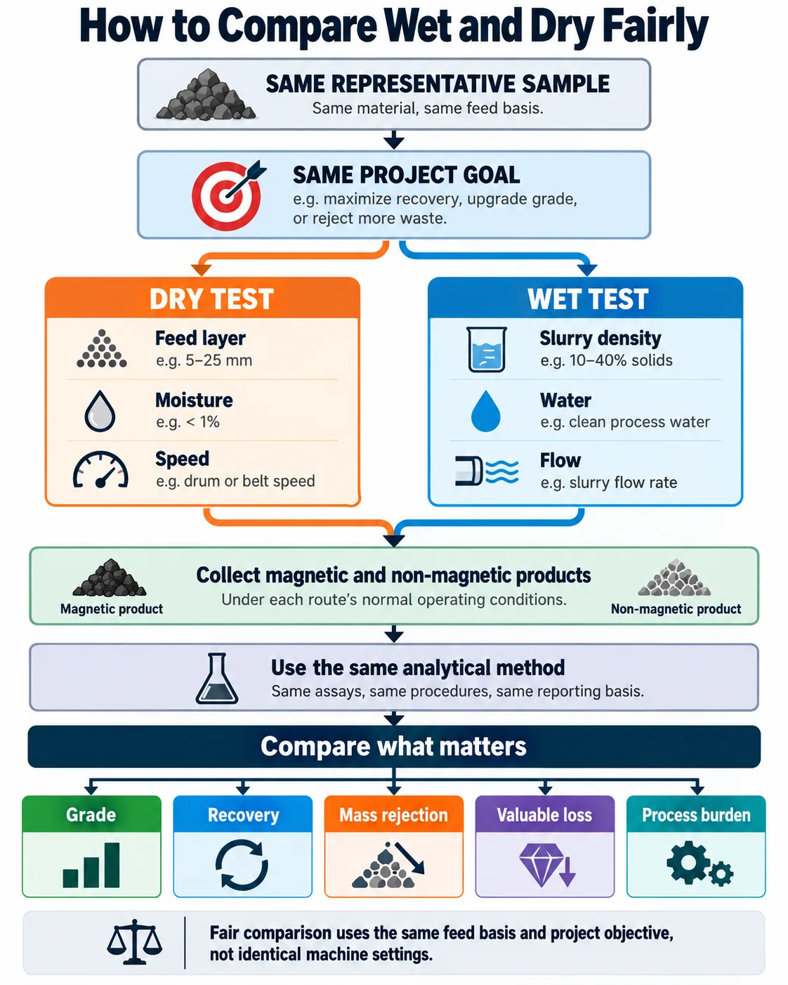 Matched test plan for comparing wet and dry magnetic separation