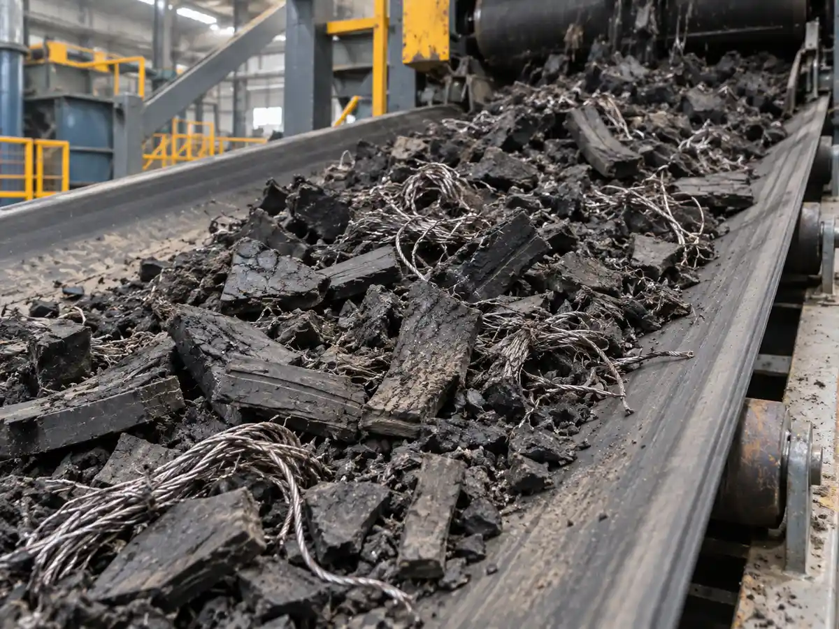 Liberated steel wire exposed in shredded tire rubber on a recycling conveyor