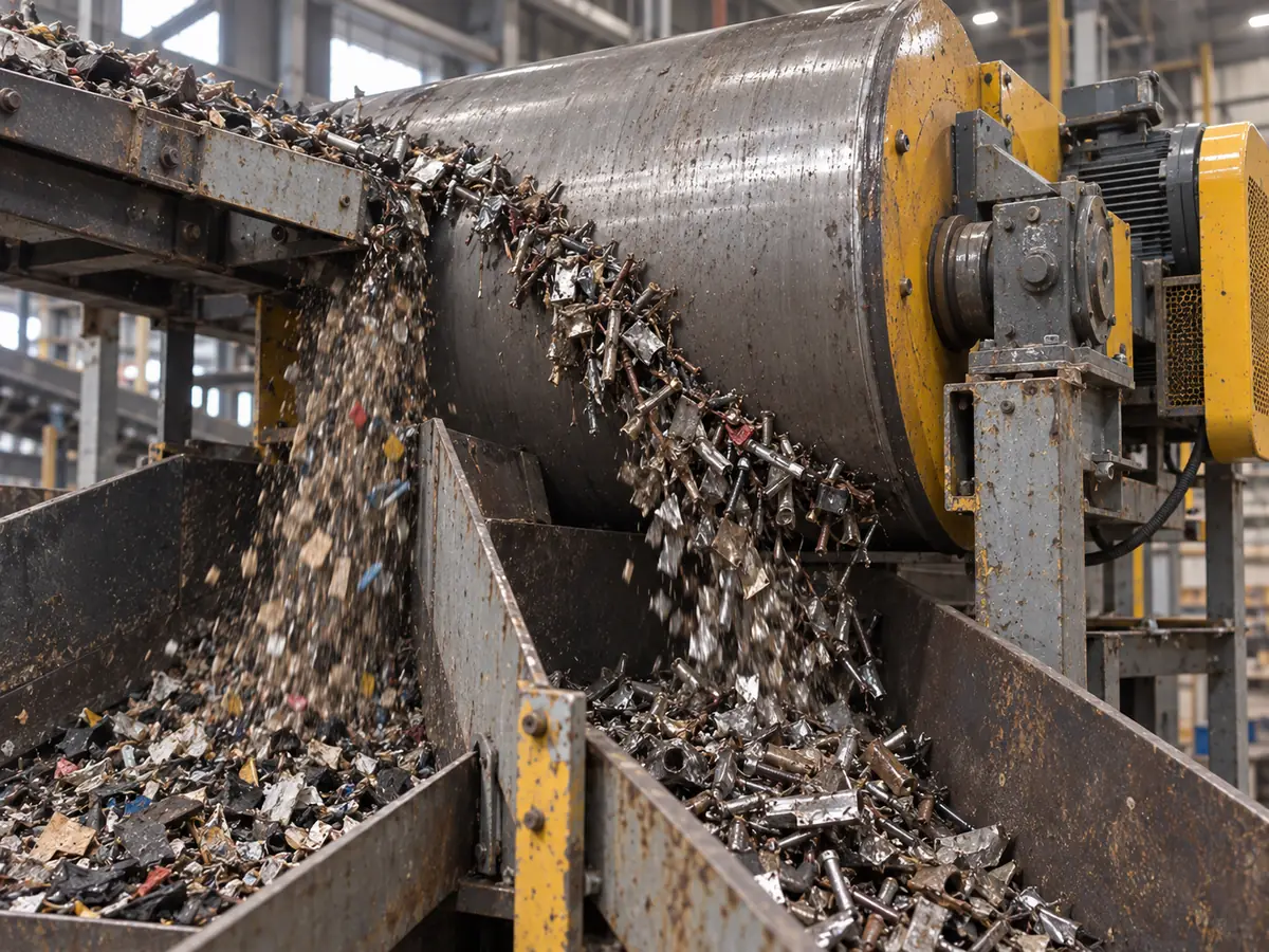 Magnetic drum separating ferrous material in a moving process stream