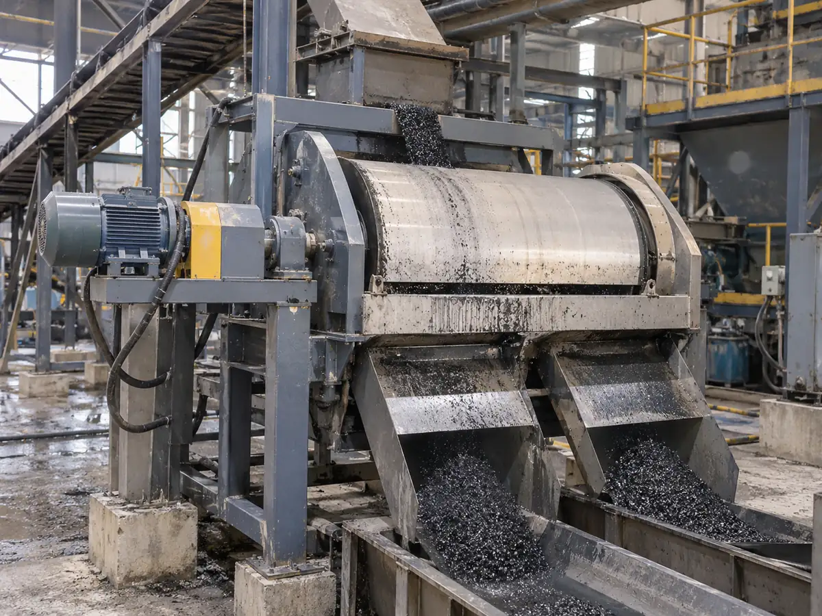Conceptual magnetic drum separator illustrating mineral feed and separated discharge