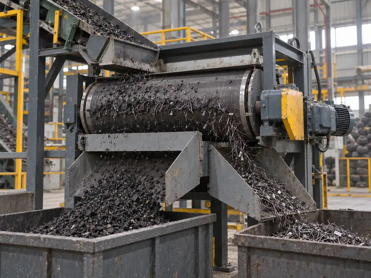 Magnetic drum separator processing recycled tire rubber and short liberated steel wire