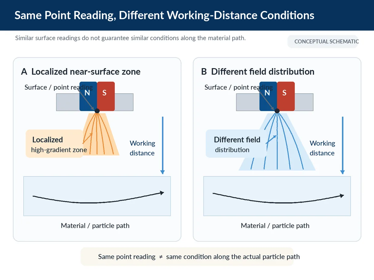 Same Point Reading, Different Working-Distance Conditions Conceptual schematic showing how working distance and localized gradient can change conditions along the particle path even when a point reading is similar.