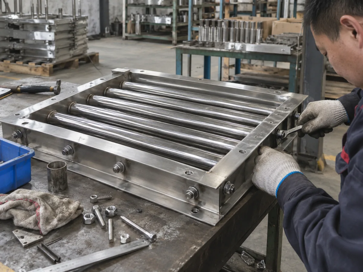 Magnetgitterbaugruppe, die auf einer Werkbank in der Werkstatt festgezogen wird
