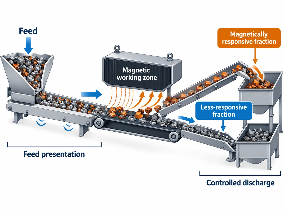 Magnetabscheidungsverfahren mit Darstellung der Aufgabebeschickung, der magnetischen Arbeitszone, der Wege der abgeschiedenen Materialien und des kontrollierten Austrags