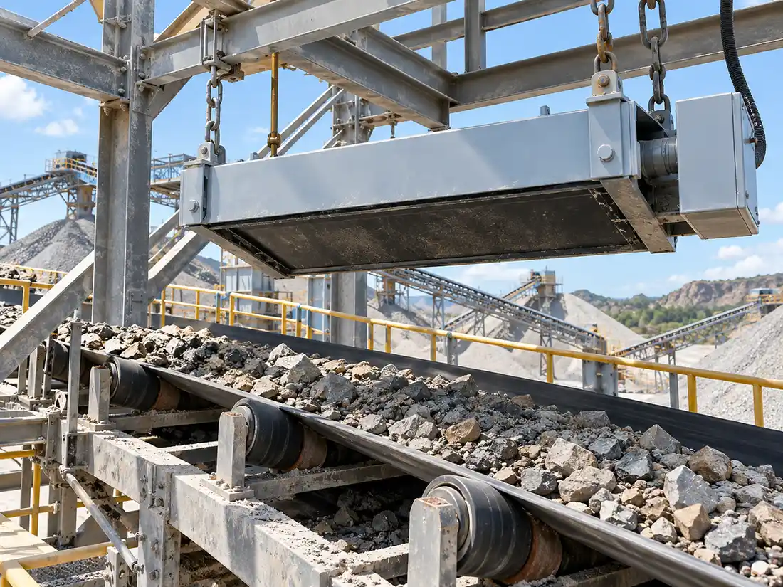 Förderband für Schüttgut und hängender Magnetabscheider in einem industriellen Steinbruch