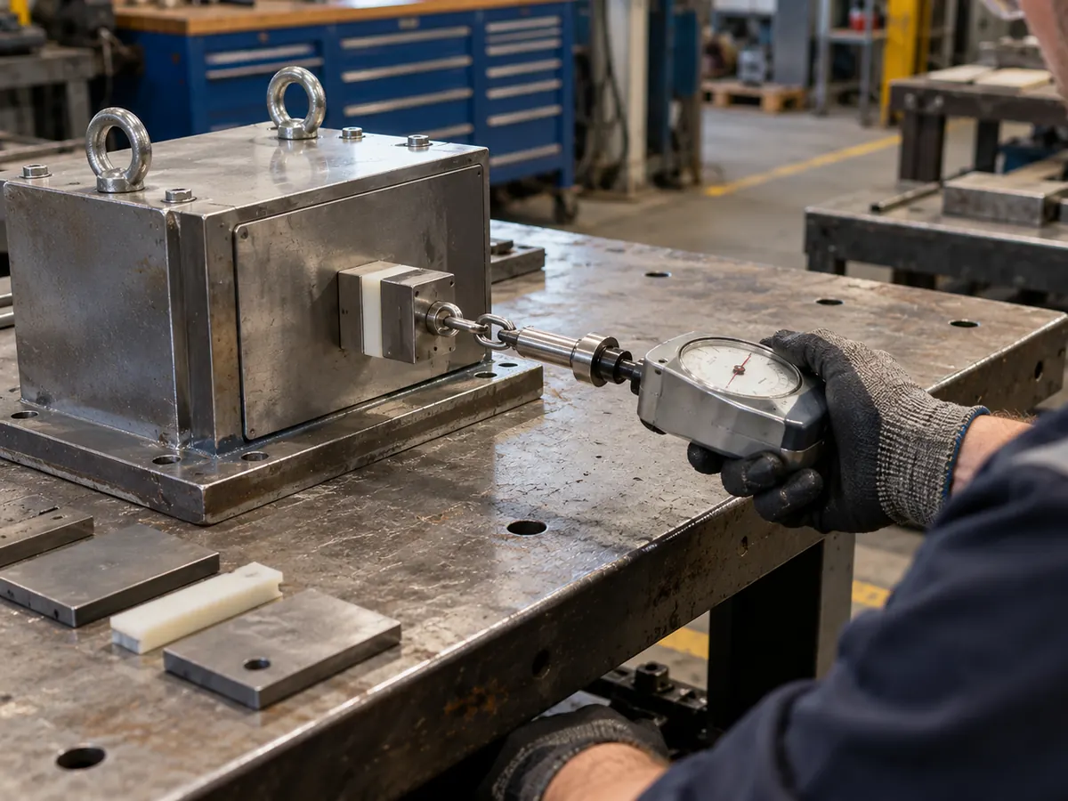 Controlled pull-force test using a defined steel test piece and magnetic surface
