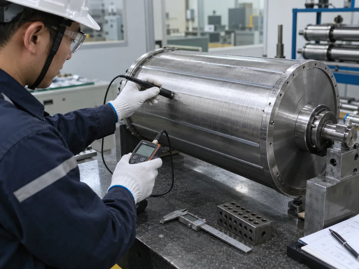 Techniker prüft eine Magnettrommel während der Qualitätskontrolle