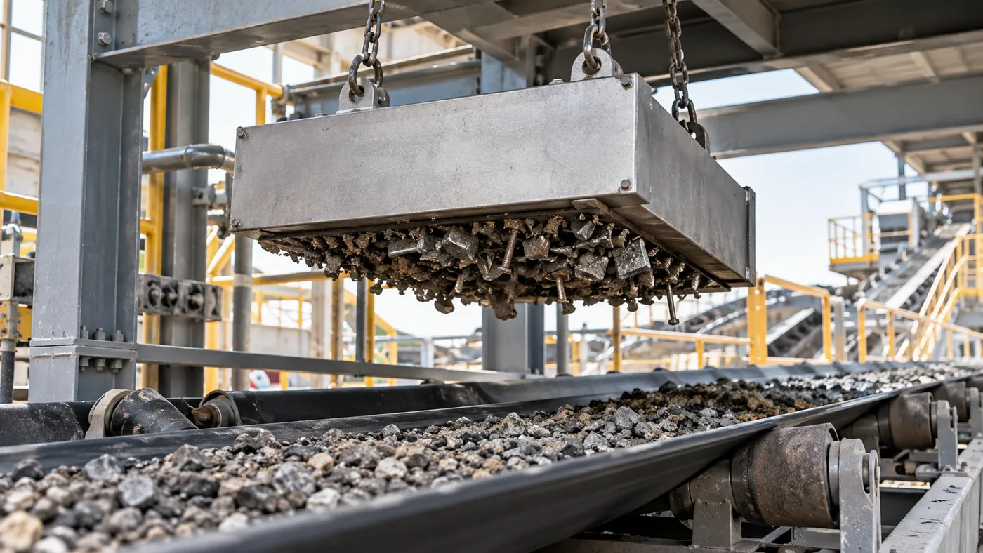 Manual removal of captured ferrous metal from a suspended magnetic separator above a bulk-material conveyor.